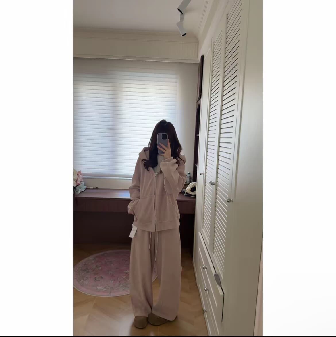 임산부 가을 겨울 세트 여성 느긋한 바람 후드 지퍼 재킷 넓은 다리 길이 바지 루즈핏 두꺼운 가정 투피스 세트 상세 이미지 2