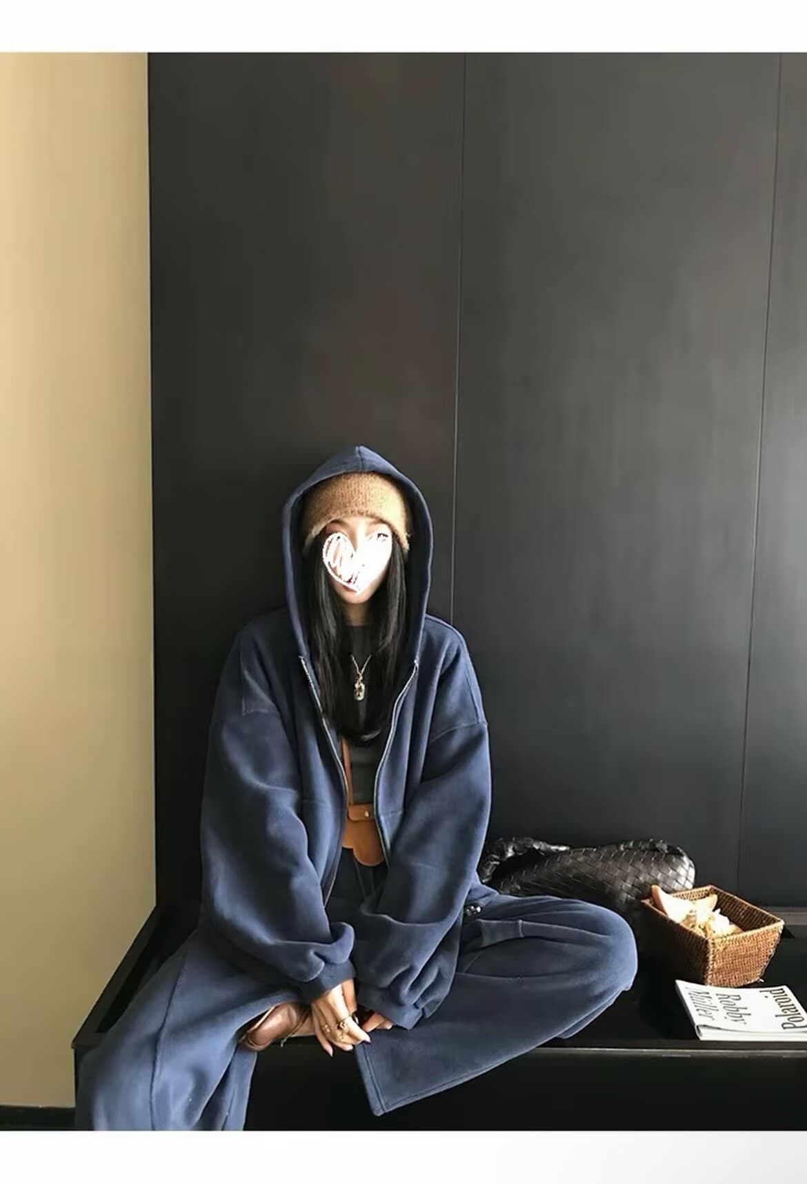 임산부 가을 겨울 세트 여성 느긋한 바람 후드 지퍼 재킷 넓은 다리 길이 바지 루즈핏 두꺼운 가정 투피스 세트 상세 이미지 9