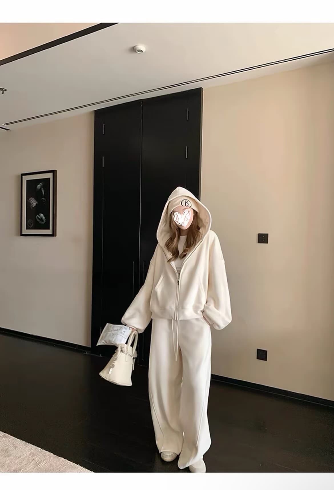 임산부 가을 겨울 세트 여성 느긋한 바람 후드 지퍼 재킷 넓은 다리 길이 바지 루즈핏 두꺼운 가정 투피스 세트 상세 이미지 14