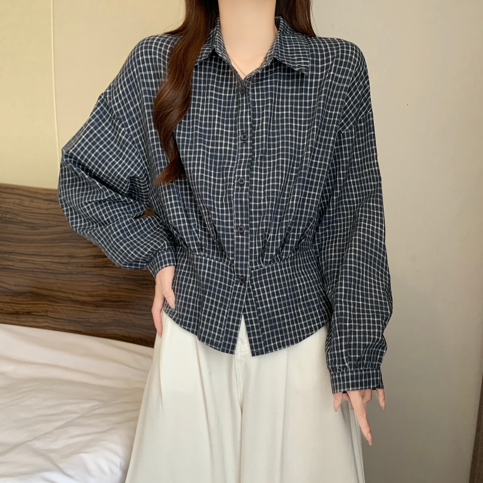 실사 한 부서 POLO 칼라 긴팔 격자 무늬 셔츠 허리 수축 슬림해 보이는 캐주얼 다용도 맨위 여성 트렌디 이미지 2