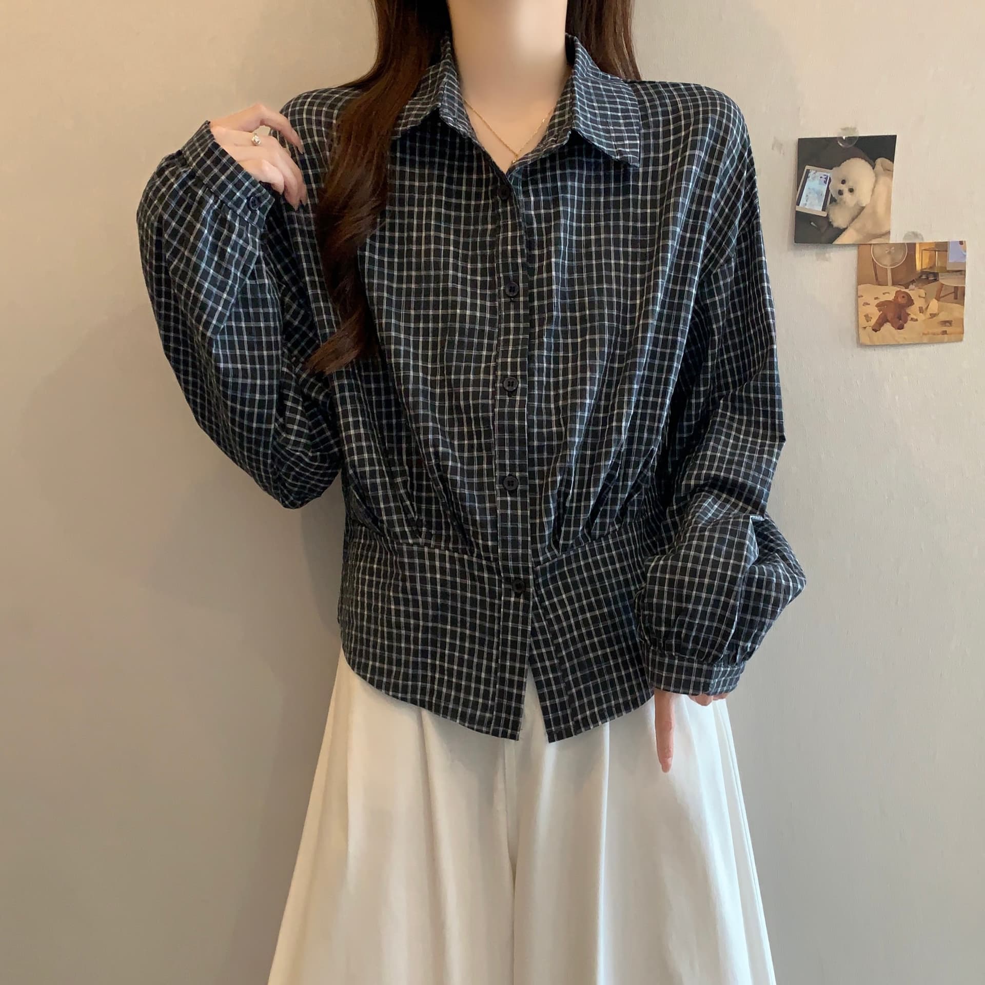 실사 한 부서 POLO 칼라 긴팔 격자 무늬 셔츠 허리 수축 슬림해 보이는 캐주얼 다용도 맨위 여성 트렌디 상세 이미지 3