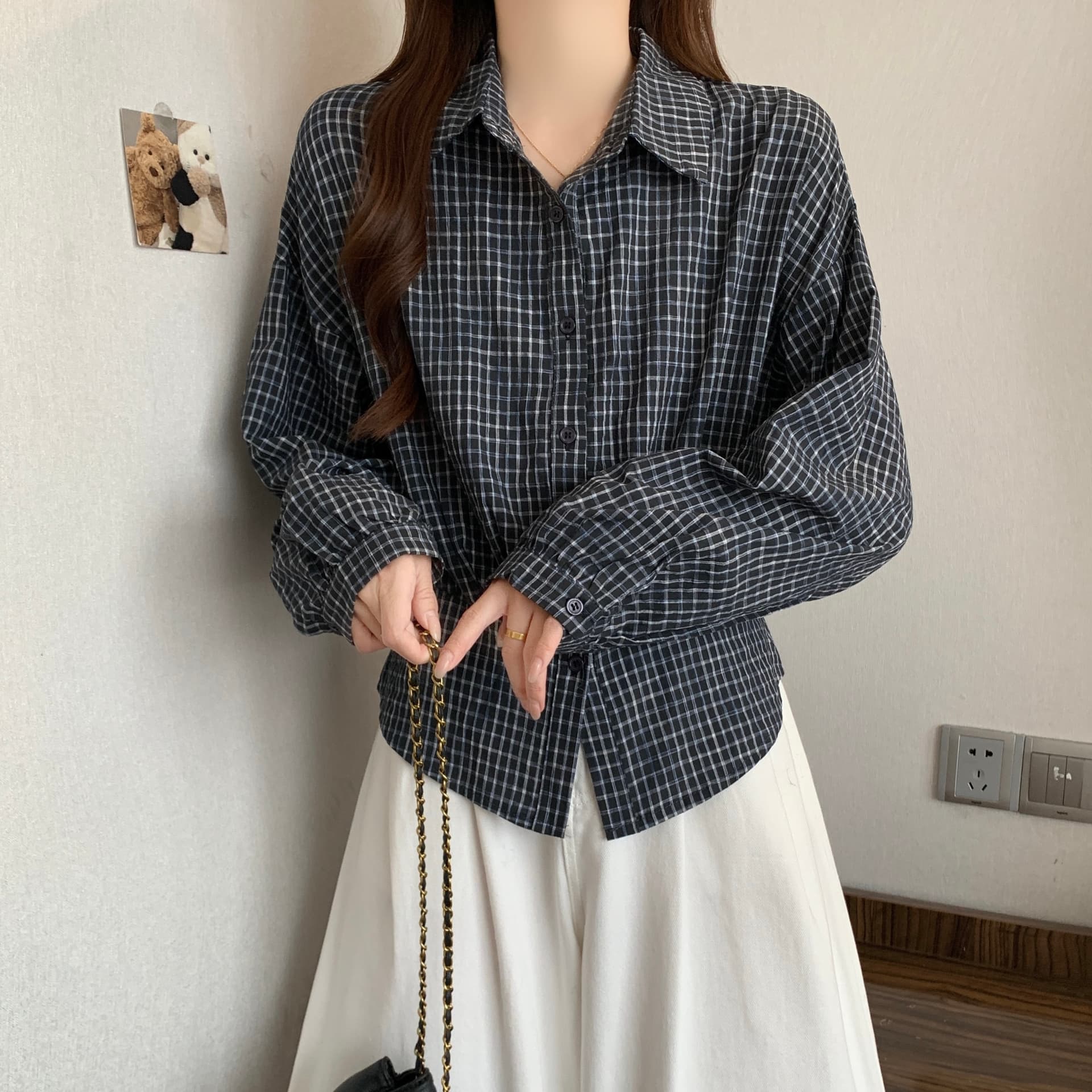 실사 한 부서 POLO 칼라 긴팔 격자 무늬 셔츠 허리 수축 슬림해 보이는 캐주얼 다용도 맨위 여성 트렌디 상세 이미지 9