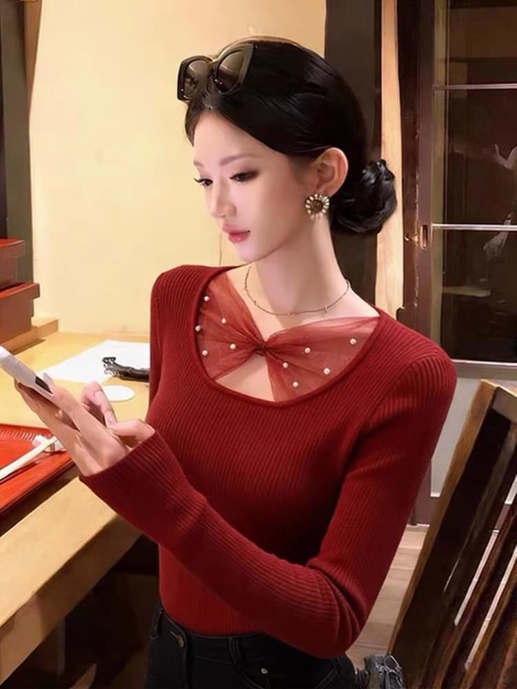 정가 한국 스타일 기본 셔츠 여성 가을 겨울 고급 센스 인사이드 가져 가라. 몸매 가꾸기 패치워크 망사 스웨터 새로운 니트 스웨터 맨위 상세 이미지 5