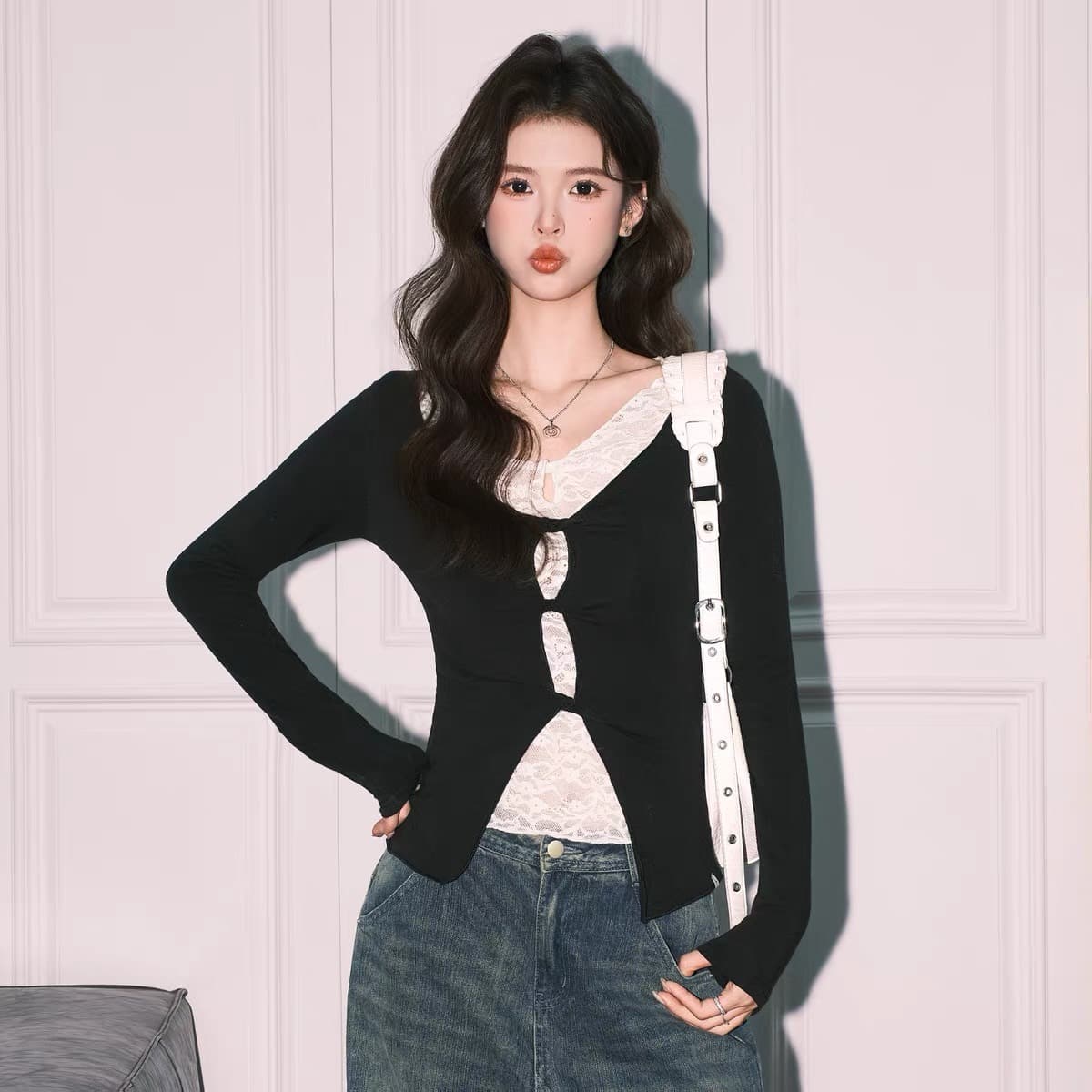 tongiiuu 루오 수 있습니다. betty 페이크 레이어드 레이스 니트 스웨터 여성 몸매 가꾸기 긴팔 티셔츠 인사이드 가져 가라. 만나는 맨위 이미지 4