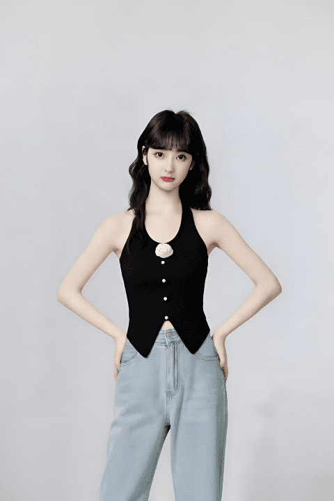 달콤한 매운맛 바람 진주 버클 장미 행침 목 니트 슬립 섹시함 슬림해 보이는 쇼트 스타일 이슬 뼈의 맨위 오프숄더 조끼 여성 이미지 5