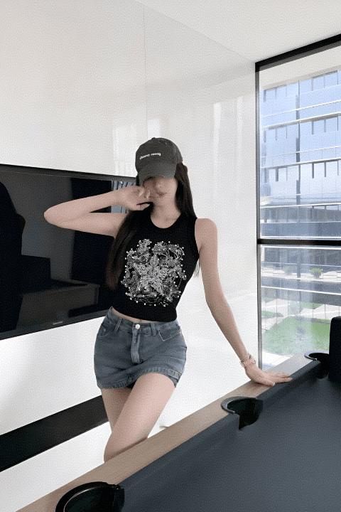 아메리칸 무거운 작업 다이아몬드 세팅 캐미솔 인사이드 가져 가라. 여름 달콤한 차가운 핫걸 외출용 운동 민소매 맨위 디자인 센스 이미지 5