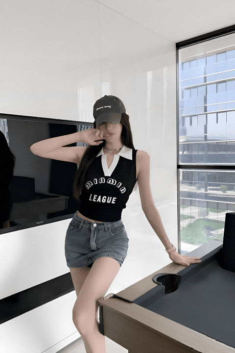 핫걸 바람 알파벳 프린트 폴로 칼라 조끼 여성 2026 여름 새로운 한국 스타일 몸매 가꾸기 화이트 민소매 쇼트 스타일 맨위 이미지 6
