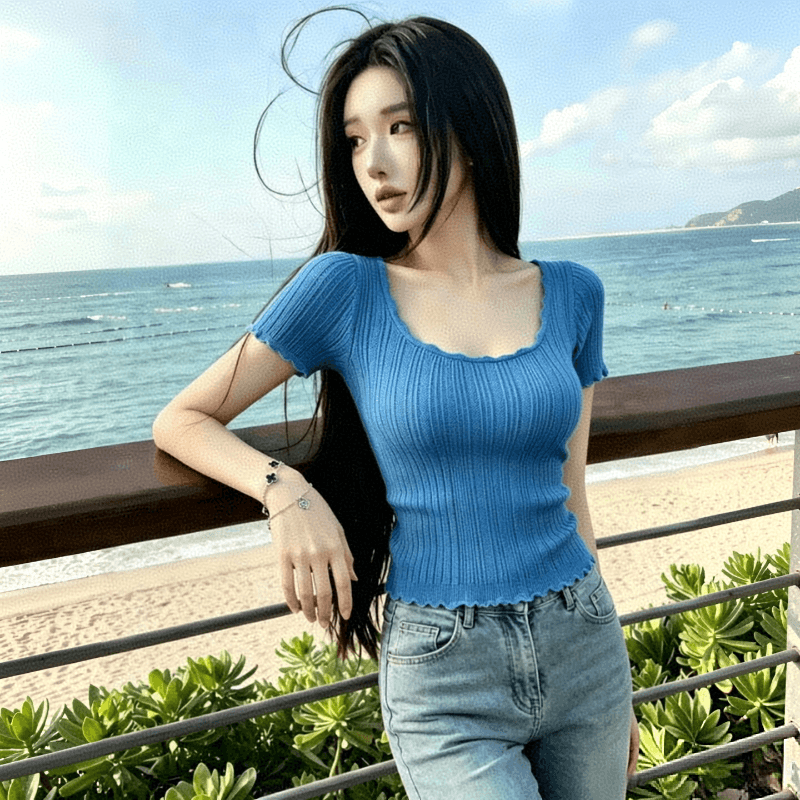 한 부서 부드러운 바람 레이스 광장 칼라 얼음 실크 니트 스웨터 반팔 티셔츠 여성 몸매 가꾸기 슬림해 보이는 다용도 디스플레이 화이트 자이언트 잘 생긴