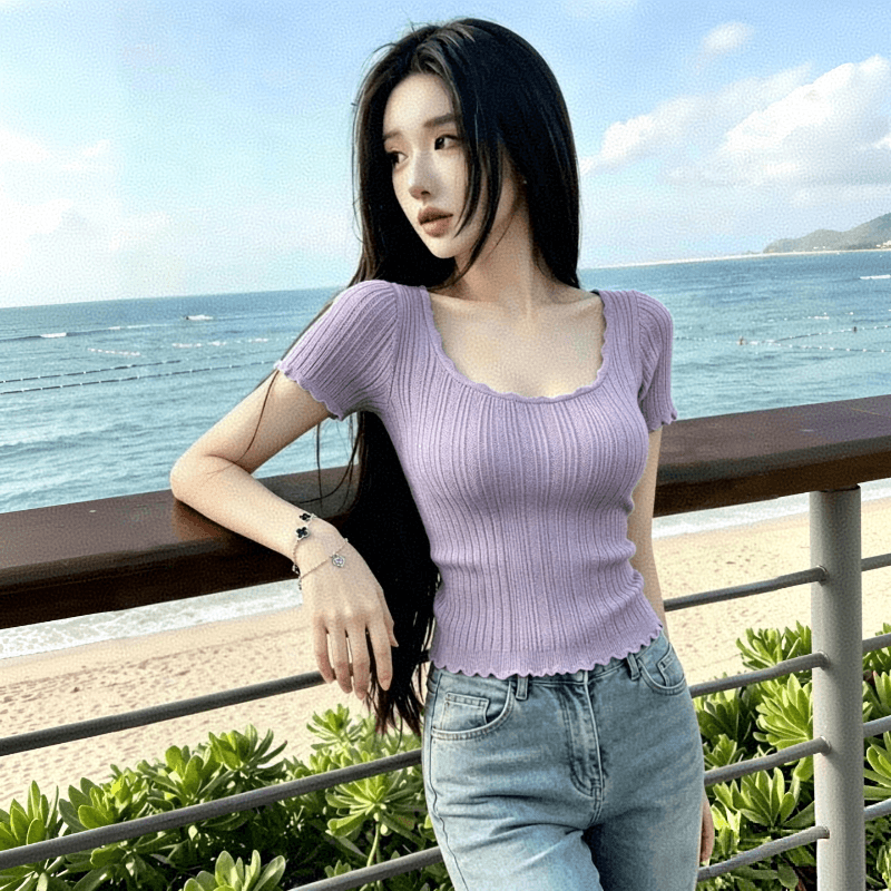 한 부서 부드러운 바람 레이스 광장 칼라 얼음 실크 니트 스웨터 반팔 티셔츠 여성 몸매 가꾸기 슬림해 보이는 다용도 디스플레이 화이트 자이언트 잘 생긴 이미지 2