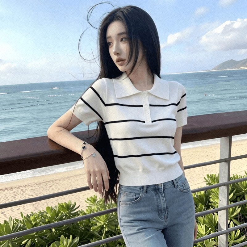 프랑스식 레트로 스트라이프 POLO 칼라 니트 반팔 티셔츠 여성 얼음 실크 캐주얼 연령 감소 통기성 반소매 기본 셔츠 이미지 2