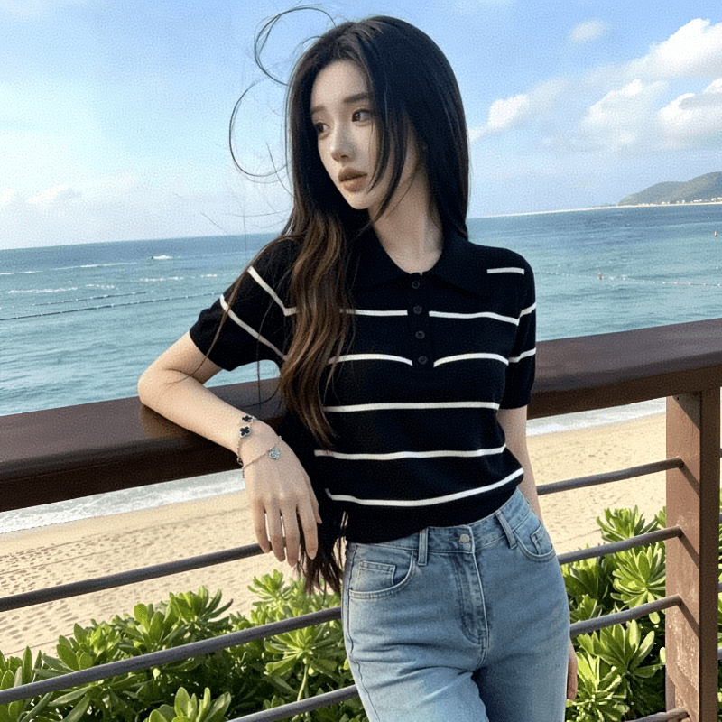 프랑스식 레트로 스트라이프 POLO 칼라 니트 반팔 티셔츠 여성 얼음 실크 캐주얼 연령 감소 통기성 반소매 기본 셔츠 상세 이미지 2
