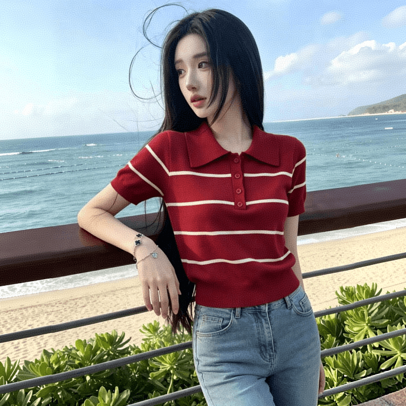 프랑스식 레트로 스트라이프 POLO 칼라 니트 반팔 티셔츠 여성 얼음 실크 캐주얼 연령 감소 통기성 반소매 기본 셔츠 상세 이미지 3