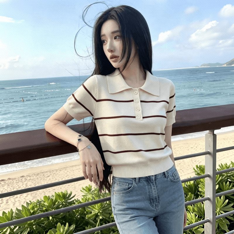 프랑스식 레트로 스트라이프 POLO 칼라 니트 반팔 티셔츠 여성 얼음 실크 캐주얼 연령 감소 통기성 반소매 기본 셔츠 상세 이미지 4