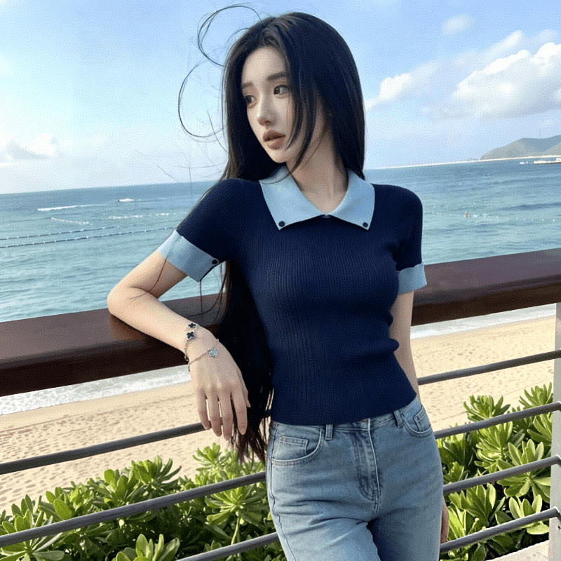 2026 여름 디자인 센스 배색 POLO 칼라 반팔 만나는 티셔츠 여성 얼음 실크 다용도 슬림해 보이는 맨위