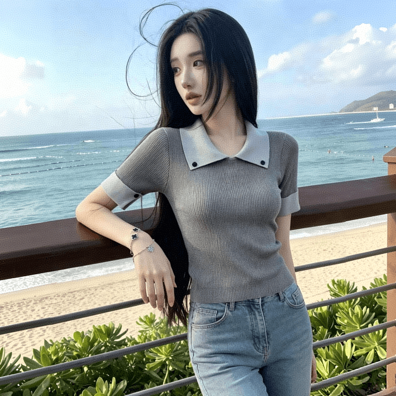 2026 여름 디자인 센스 배색 POLO 칼라 반팔 만나는 티셔츠 여성 얼음 실크 다용도 슬림해 보이는 맨위 상세 이미지 3