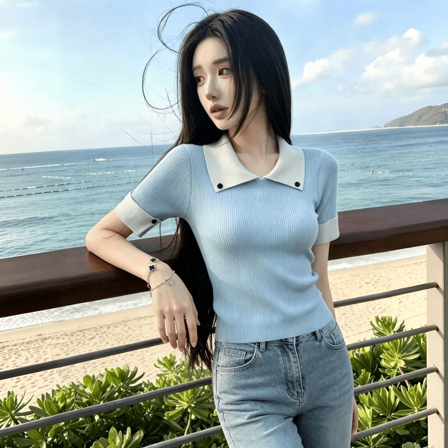 2026 여름 디자인 센스 배색 POLO 칼라 반팔 만나는 티셔츠 여성 얼음 실크 다용도 슬림해 보이는 맨위 상세 이미지 4