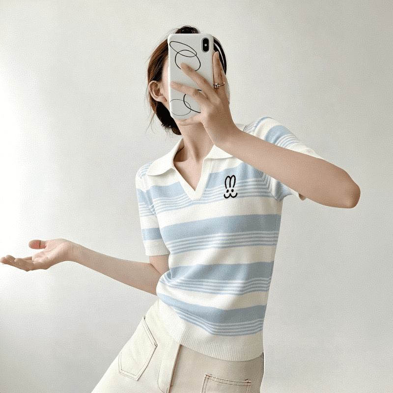 보존 섹션 추천 학원 스타일 스트라이프 POLO 칼라 얼음 실크 반팔 티셔츠 여성 여름 새로운 미니멀리즘 다용도 맨위 이미지 4
