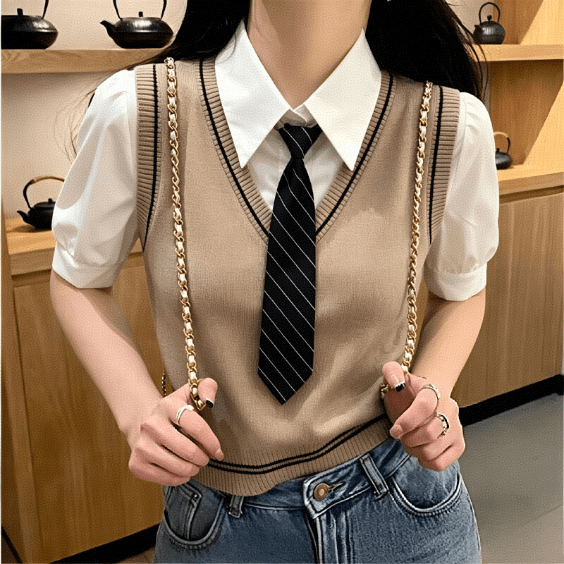 학원 스타일 외국 가스 버블 반팔 POLO 칼라 여성 셔츠 디자인 센스 작은 대중 Chic 페이크 레이어드 쇼트 스타일 맨위 여름 이미지 3