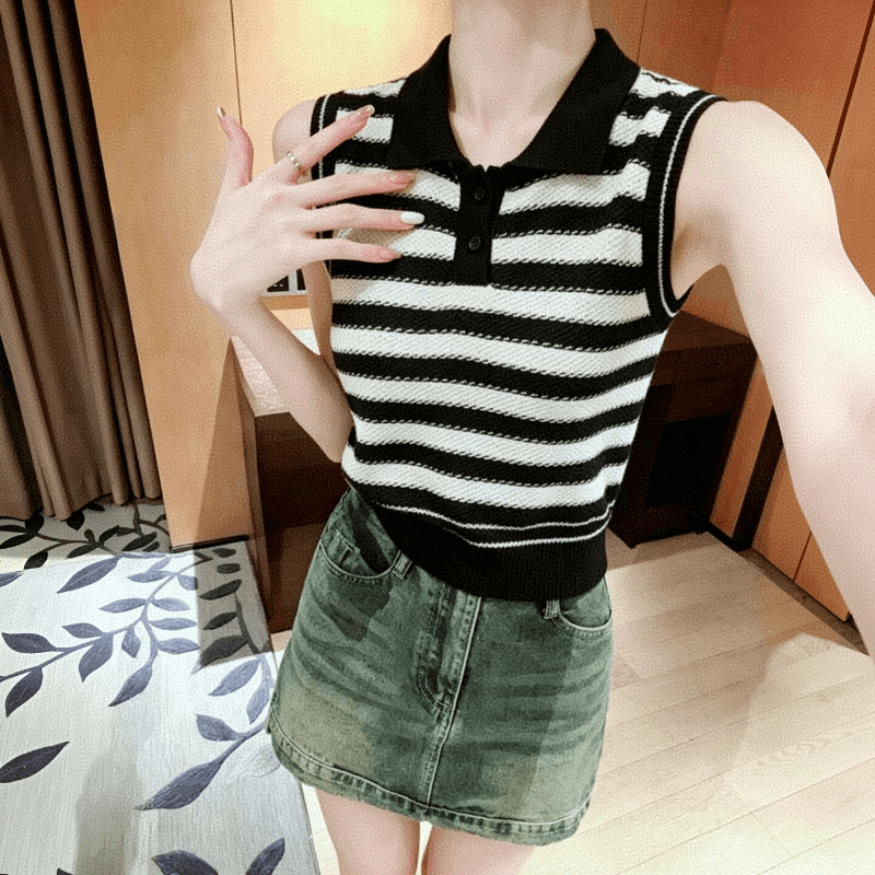 POLO 칼라 민소매 티셔츠 여성 여름 레트로 항구 바람 2026 새로운 디자인 센스 작은 대중 니트 스웨터 스트라이프 맨위 이미지 2