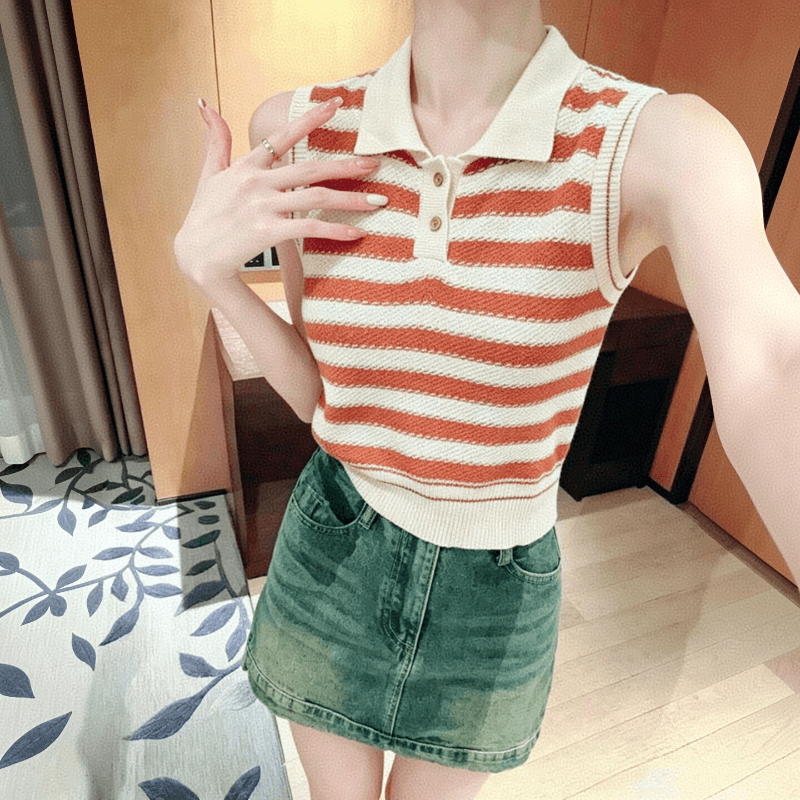 POLO 칼라 민소매 티셔츠 여성 여름 레트로 항구 바람 2026 새로운 디자인 센스 작은 대중 니트 스웨터 스트라이프 맨위 이미지 3