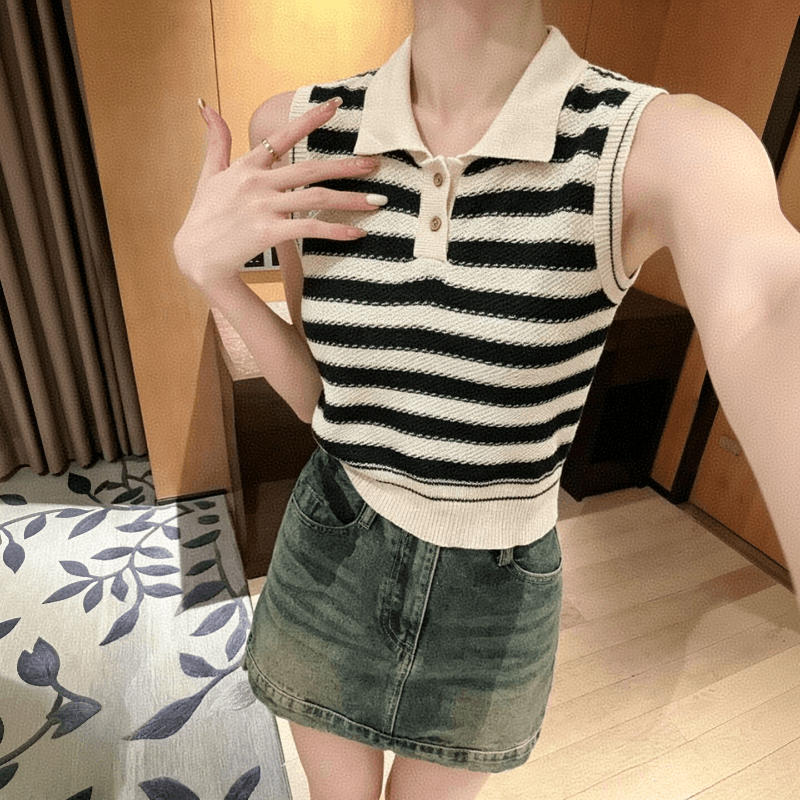 POLO 칼라 민소매 티셔츠 여성 여름 레트로 항구 바람 2026 새로운 디자인 센스 작은 대중 니트 스웨터 스트라이프 맨위 이미지 5