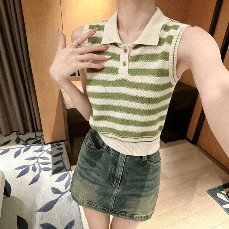 POLO 칼라 민소매 티셔츠 여성 여름 레트로 항구 바람 2026 새로운 디자인 센스 작은 대중 니트 스웨터 스트라이프 맨위 상세 이미지 5