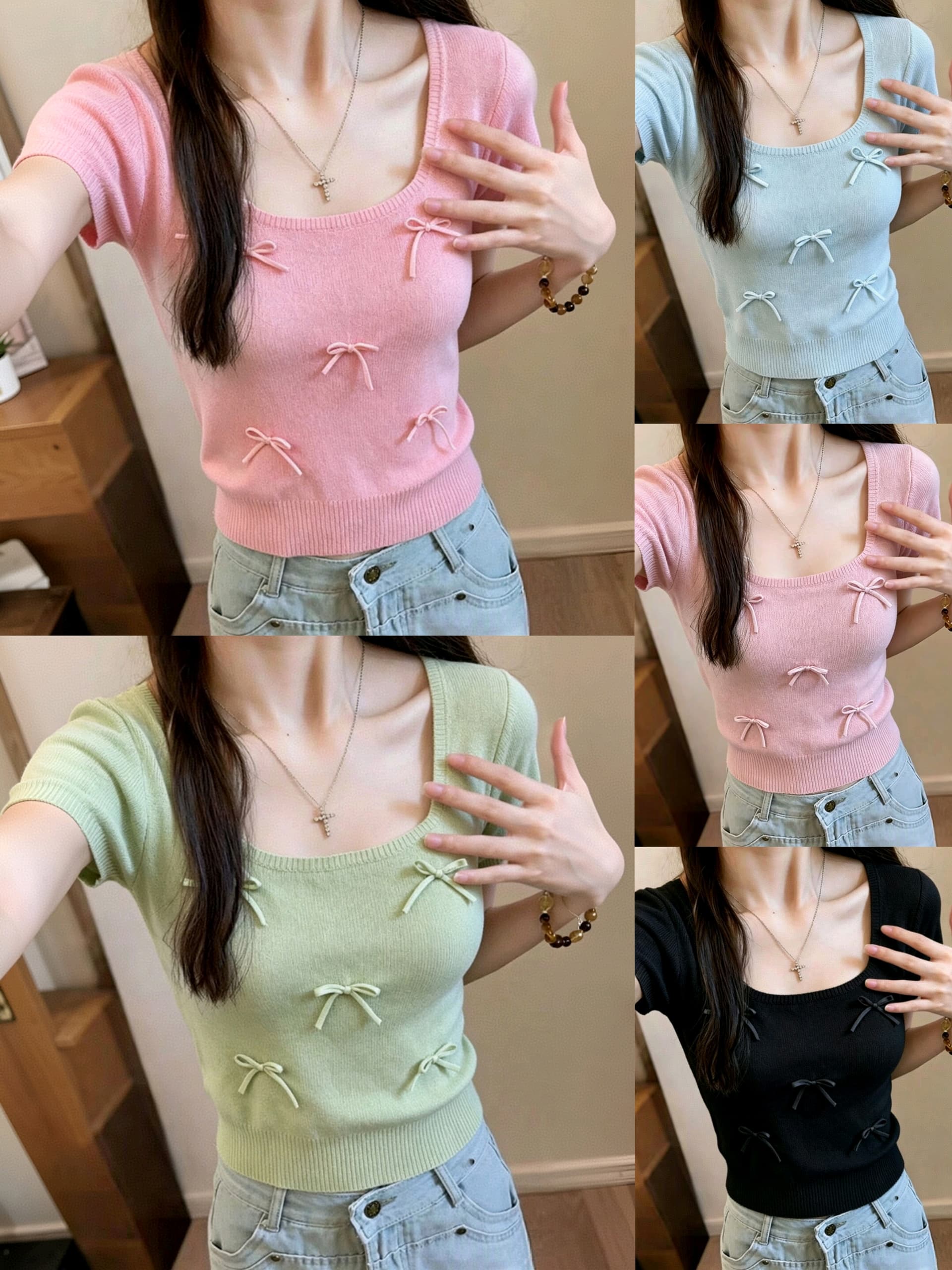 프랑스식 달콤함 3 차원 나비 매듭 광장 칼라 반팔 티셔츠 여성 여름 디자인 센스 외국 가스 패션 Chic 니트 맨위 상세 이미지 2