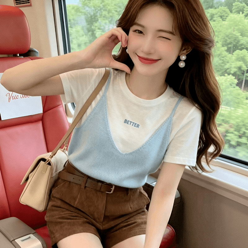 페이크 레이어드 패치워크 색상 대나무 마디 마 얇고 가벼운 통기성 고급 센스 맨위 티셔츠 여름 드레스 한국 스타일 디스플레이 화이트 품격 풀오버 이미지 2