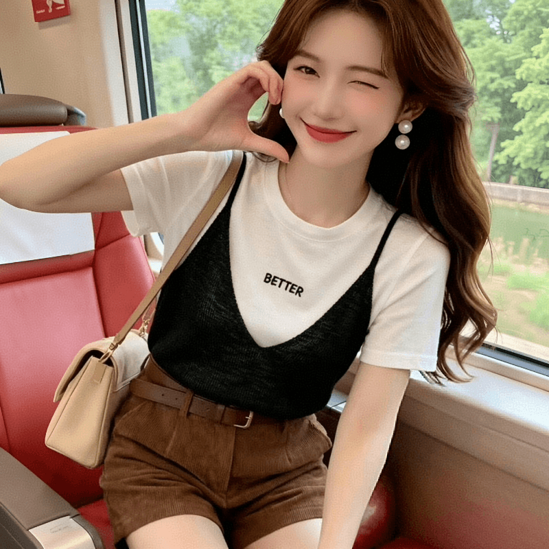 페이크 레이어드 패치워크 색상 대나무 마디 마 얇고 가벼운 통기성 고급 센스 맨위 티셔츠 여름 드레스 한국 스타일 디스플레이 화이트 품격 풀오버 상세 이미지 5