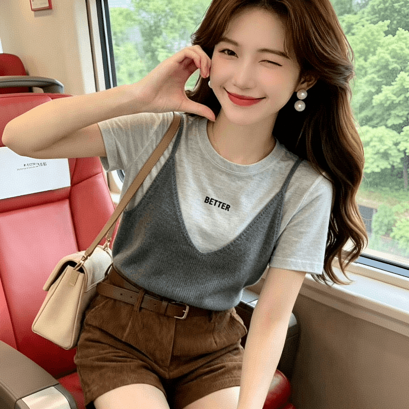 페이크 레이어드 패치워크 색상 대나무 마디 마 얇고 가벼운 통기성 고급 센스 맨위 티셔츠 여름 드레스 한국 스타일 디스플레이 화이트 품격 풀오버 상세 이미지 8