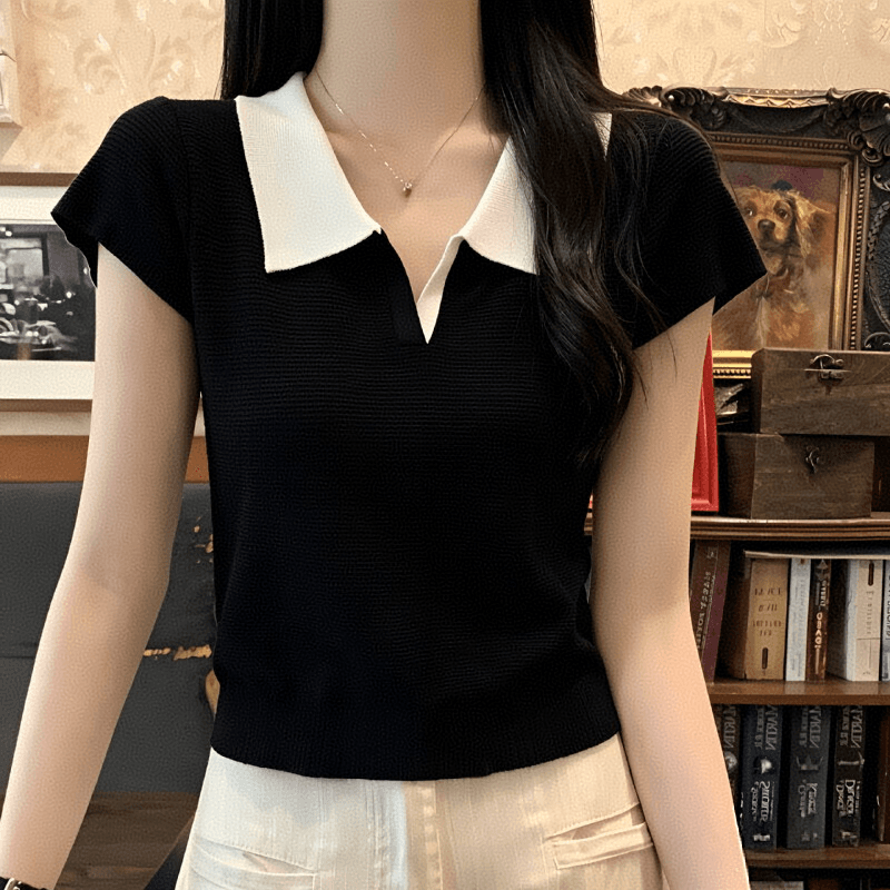품격 출퇴근 배색 POLO 칼라 얼음 실크 니트 스웨터 여름 새로운 미니멀리즘 바람 몸매 가꾸기 얇고 가벼운 반팔 맨위 여성 상세 이미지 7