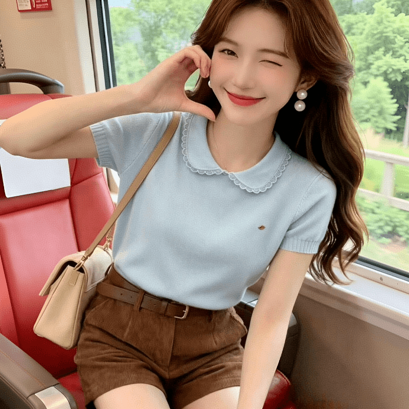 베이비 칼라 얼음 실크 반팔 니트 스웨터 여성 여름 2026 새로운 폭발 품격 루즈핏 연령 감소 작은 키 맨위 상세 이미지 3