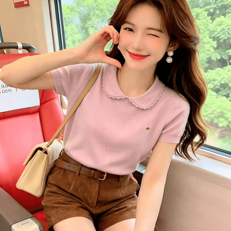 베이비 칼라 얼음 실크 반팔 니트 스웨터 여성 여름 2026 새로운 폭발 품격 루즈핏 연령 감소 작은 키 맨위 상세 이미지 4