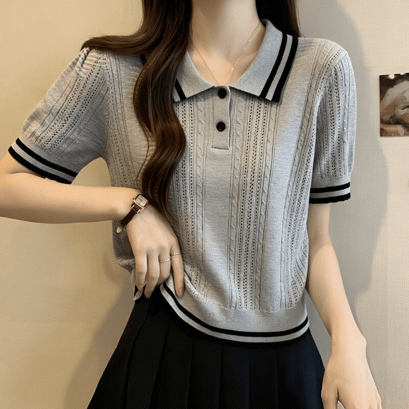 POLO 칼라 배색 니트 반팔 얼음 실크 티셔츠 여성 2026 여름 새로운 몸매 가꾸기 아름다운 폴로 칼라 반소매