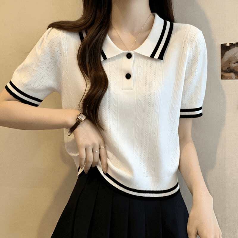 POLO 칼라 배색 니트 반팔 얼음 실크 티셔츠 여성 2026 여름 새로운 몸매 가꾸기 아름다운 폴로 칼라 반소매 이미지 2