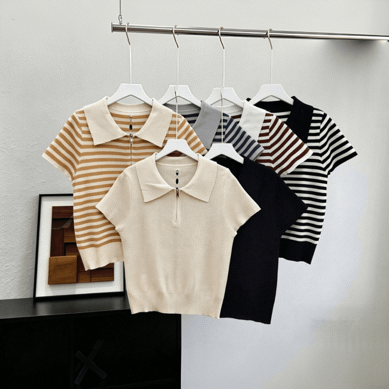 배색 스트라이프 POLO 칼라 지퍼 긍정적 인 어깨 반팔 티셔츠 여성 뒤로 홀로우 아웃 여름 몸매 가꾸기 슬림해 보이는 얼음 실크 니트 스웨터 이미지 5