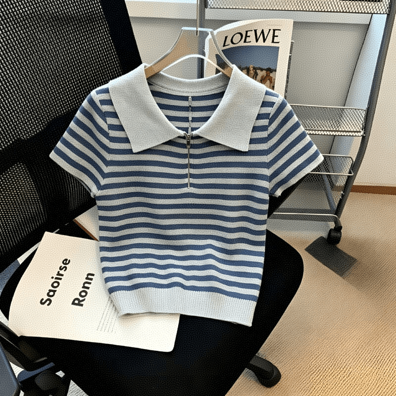 배색 스트라이프 POLO 칼라 지퍼 긍정적 인 어깨 반팔 티셔츠 여성 뒤로 홀로우 아웃 여름 몸매 가꾸기 슬림해 보이는 얼음 실크 니트 스웨터 상세 이미지 3