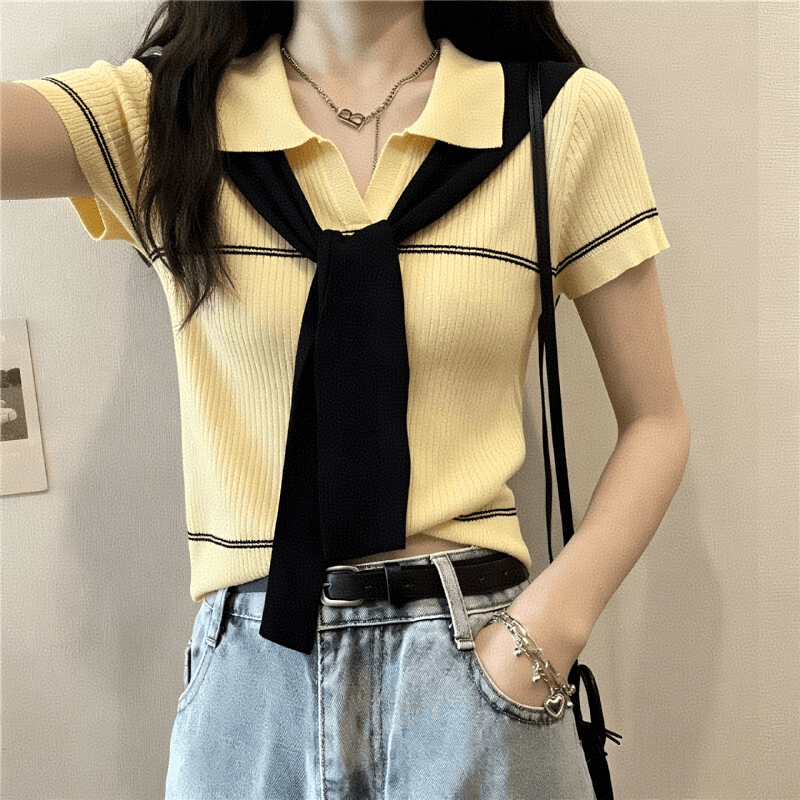 학원 스타일 배색 숄 POLO 칼라 황색 반팔 티셔츠 여성 여름 한 부서 배색 몸매 가꾸기 연령 감소 니트 맨위 상세 이미지 4