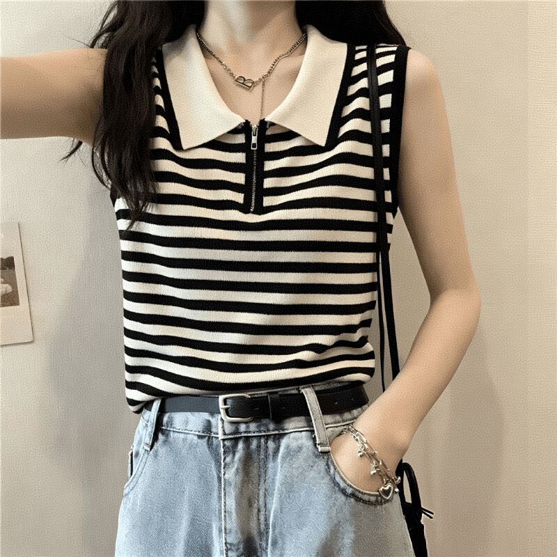 하프 지퍼 POLO 칼라 스트라이프 니트 조끼 여성 여름 외출용 핫걸 몸매 가꾸기 슬림해 보이는 다용도 민소매 작은 맨위 이미지 2