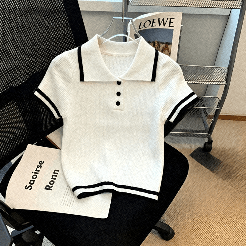 한국 스타일 학원 스타일 POLO 칼라 반팔 니트 스웨터 여성 여름 몸매 가꾸기 다용도 연령 감소 폴로 칼라 몸매 가꾸기 맨위 이미지 2