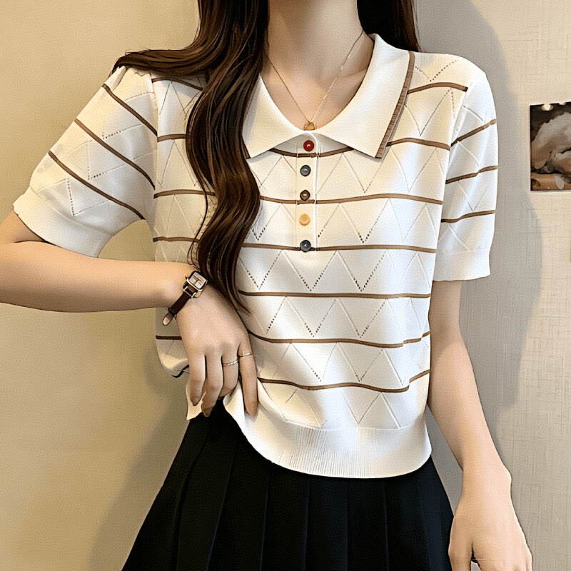 한국 스타일 디자인 센스 홀로우 아웃 패션 스트라이프 POLO 칼라 반팔 부서 버클 니트 스웨터 여성 느슨함 슬림해 보이는 맨위 풀오버 이미지 2