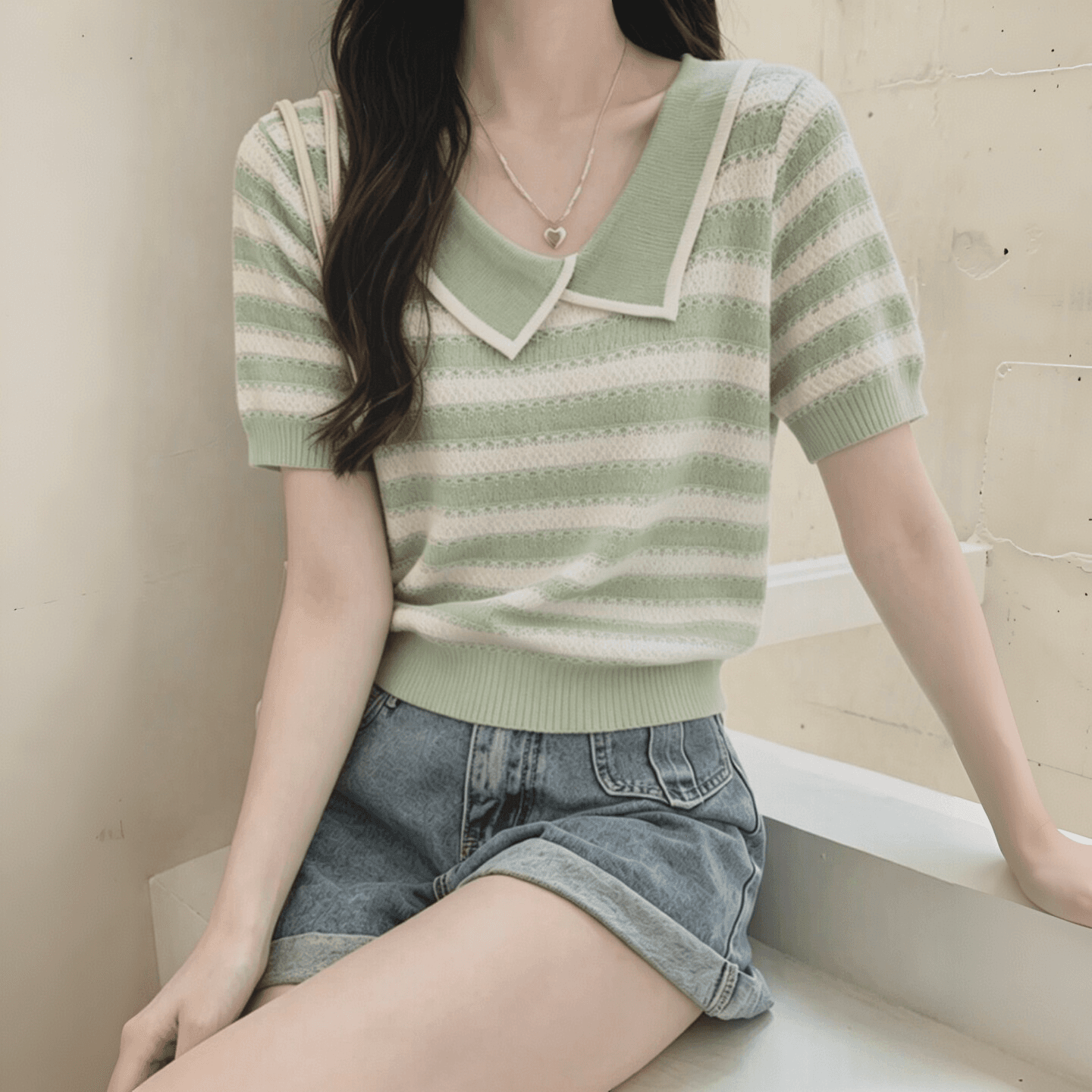 십자가 칼라 스트라이프 홀로우 아웃 얼음 실크 니트 스웨터 여성 여름 드레스 반팔 티셔츠 얇은 스타일 슬림해 보이는 캐주얼 맨위 POLO 칼라 이미지 2