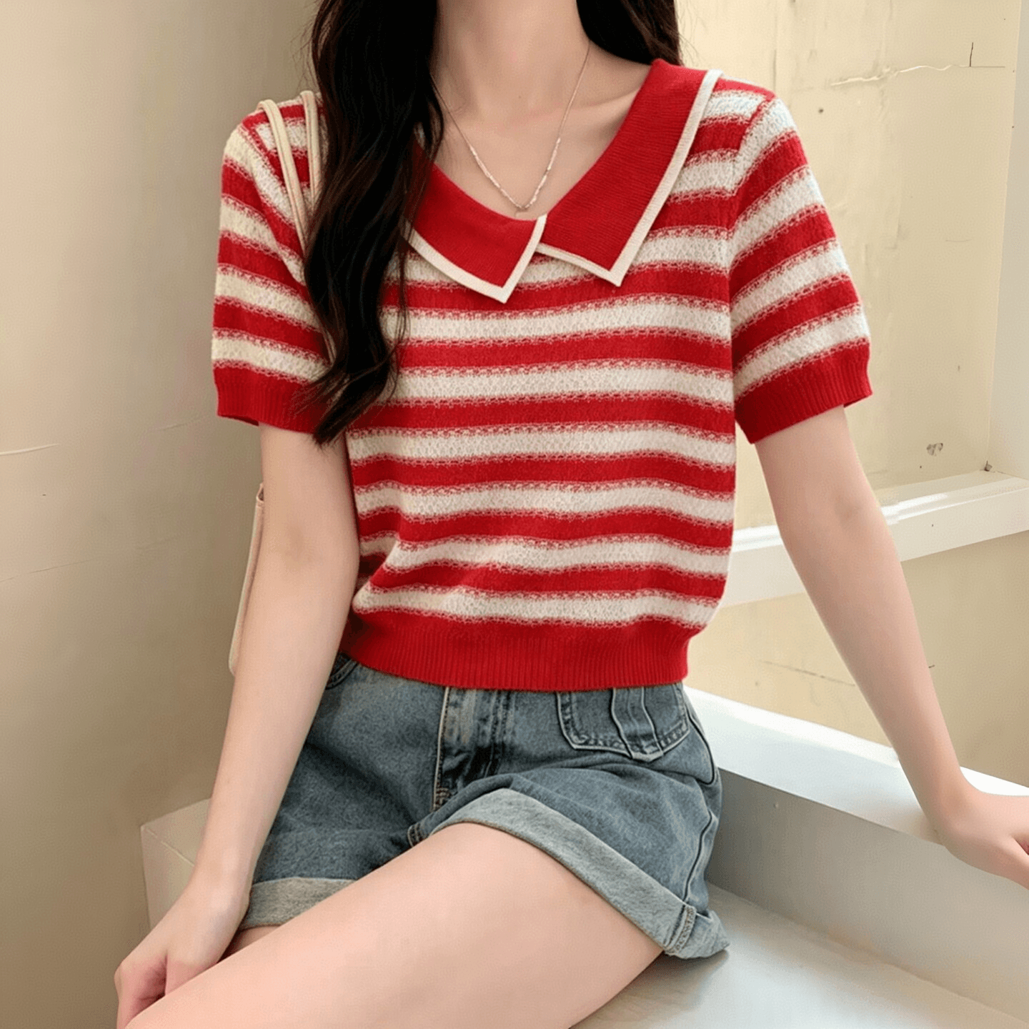 십자가 칼라 스트라이프 홀로우 아웃 얼음 실크 니트 스웨터 여성 여름 드레스 반팔 티셔츠 얇은 스타일 슬림해 보이는 캐주얼 맨위 POLO 칼라 이미지 3