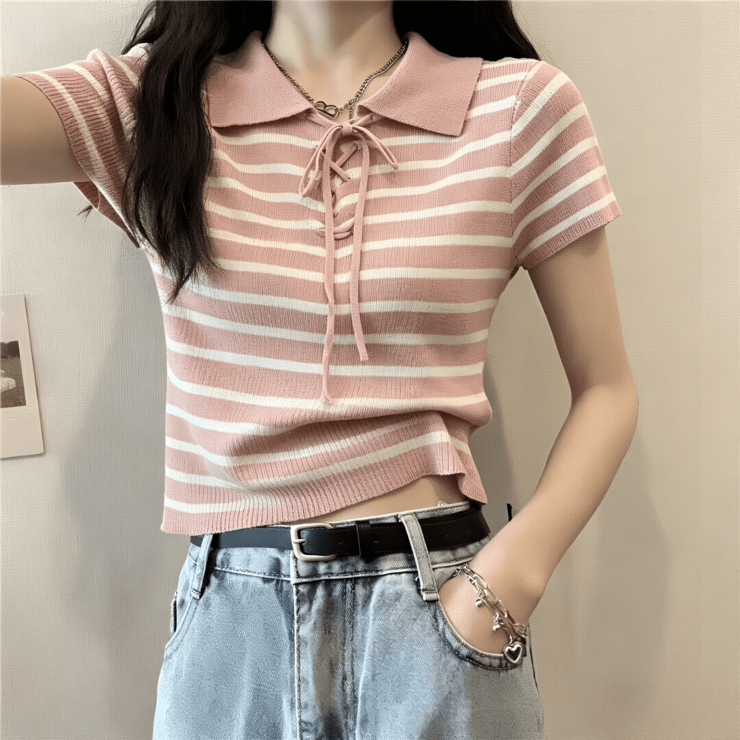 한 스타일 패션 미니멀리즘 스트라이프 레이스업 POLO 칼라 티셔츠 여성 여름 디자인 센스 배색 품격 고급 맨위 이리저리 떠다니다 이미지 3