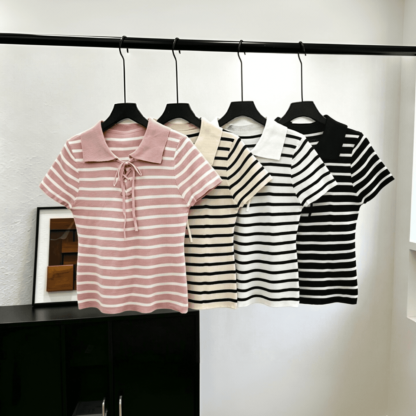 한 스타일 패션 미니멀리즘 스트라이프 레이스업 POLO 칼라 티셔츠 여성 여름 디자인 센스 배색 품격 고급 맨위 이리저리 떠다니다 이미지 5
