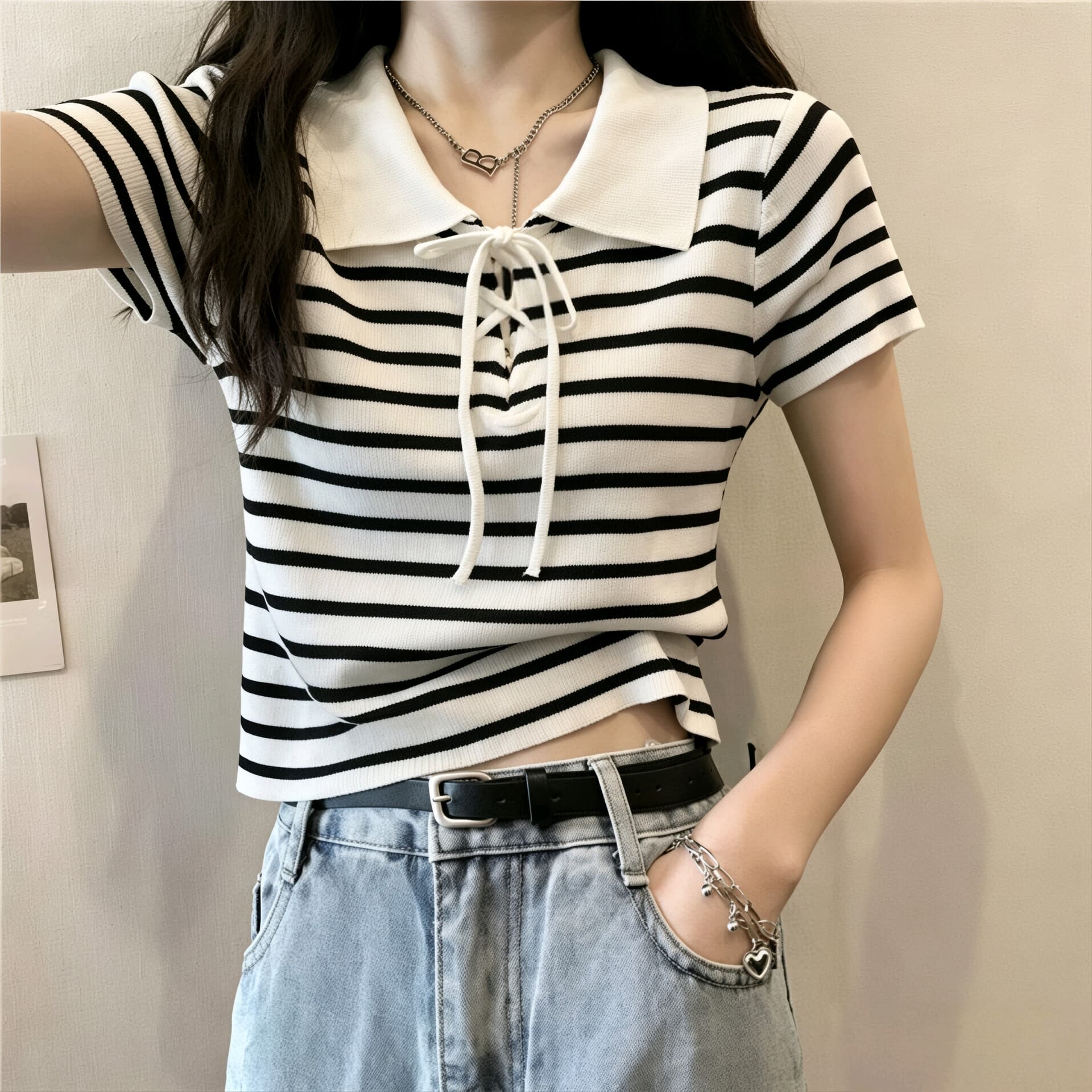 한 스타일 패션 미니멀리즘 스트라이프 레이스업 POLO 칼라 티셔츠 여성 여름 디자인 센스 배색 품격 고급 맨위 이리저리 떠다니다 상세 이미지 2