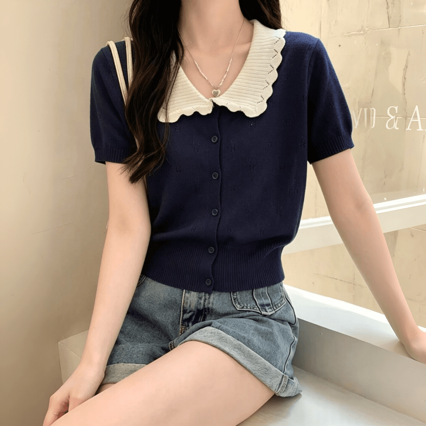보존 섹션 추천 배색 홀로우 아웃 베이비 칼라 2026 새로운 반팔 니트 오픈 가디건 여성 여름 슈퍼 잘 생긴 맨위 상세 이미지 3