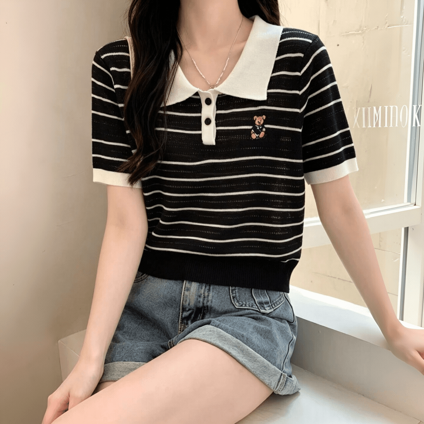 한국 스타일 미니멀리즘 캐주얼 스트라이프 홀로우 아웃 POLO 칼라 반팔 여성 배색 작은 곰 자수 연령 감소 다용도 출퇴근 맨위 이미지 2