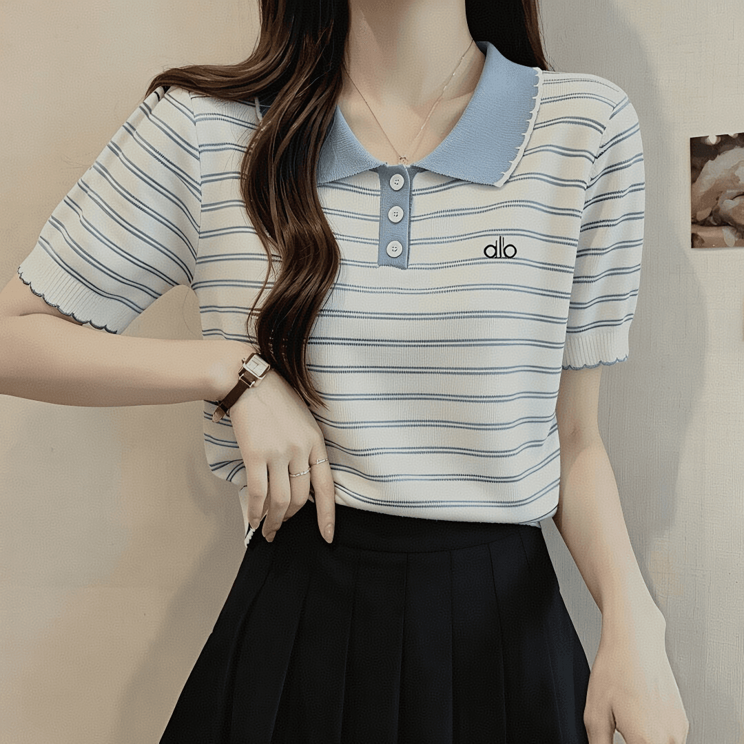 2026 새로운 슈퍼 화재 연령 감소 맨위 스트라이프 여름 폴로 칼라 반팔 루즈핏 한국 스타일 티셔츠 여성 이미지 5