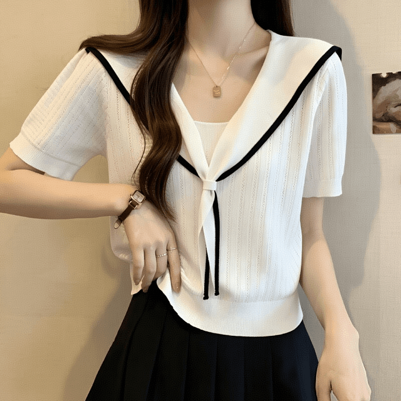 한 부서 학원 스타일 해군 칼라 레이스업 니트 스웨터 여성 여름 외출용 인사이드 가져 가라. 언더 코트 연령 감소 슬림해 보이는 반팔 티셔츠 이미지 4
